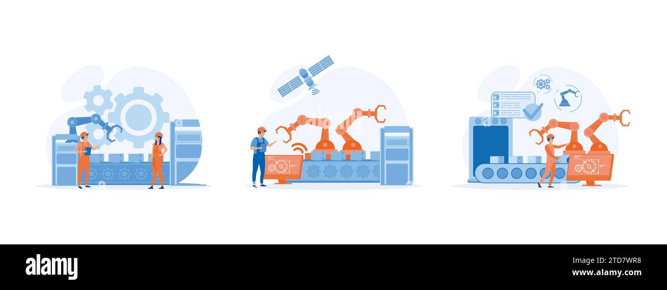 Smart industry, innovative manufacturing. Smart industrial revolution.Engineer working with interactive interface. Smart industry set flat vector mode Stock Vector