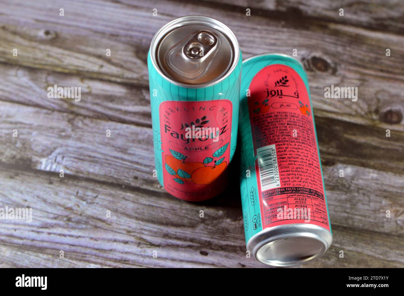 Cairo, Egypt, December 13 2023 Fayrouz Apple malt drink can, natural