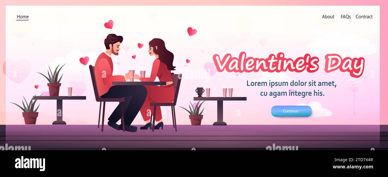 couple in love sitting at cafe table happy valentines day celebration concept copy space full length horizontal Stock Vector