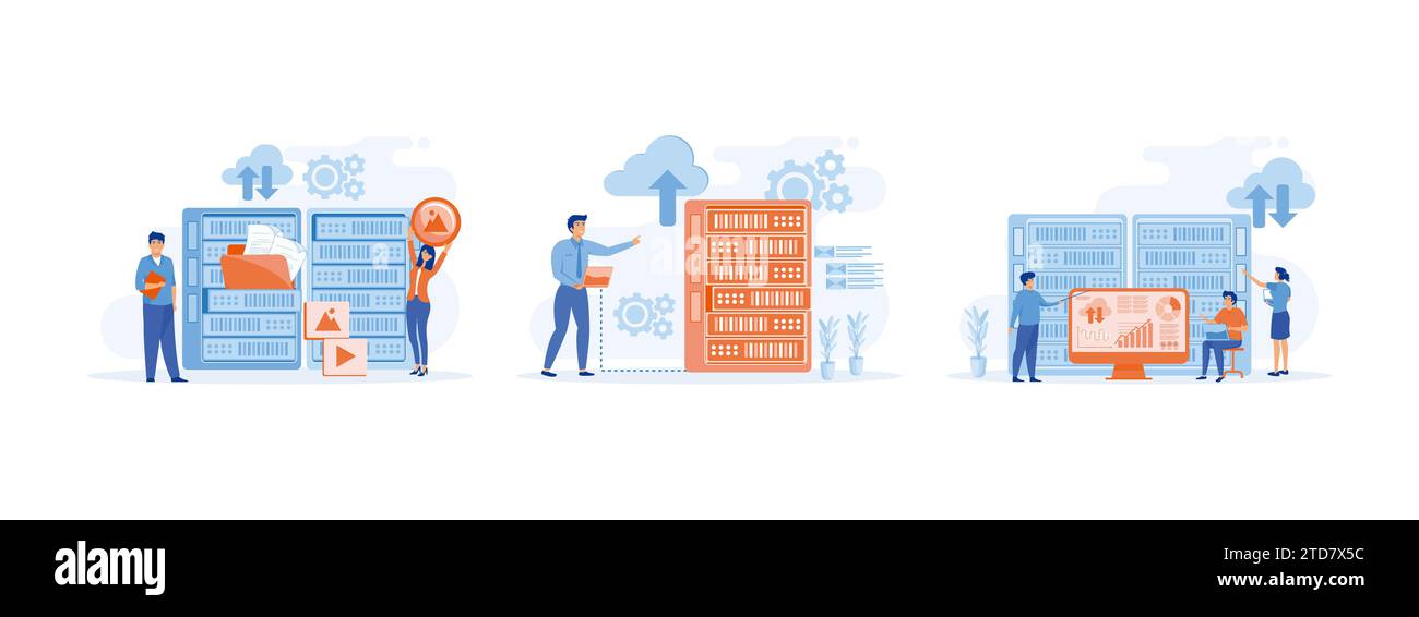 Data center services. Data server web. Business technology cloud computing service. Data center set flat vector modern illustration Stock Vector