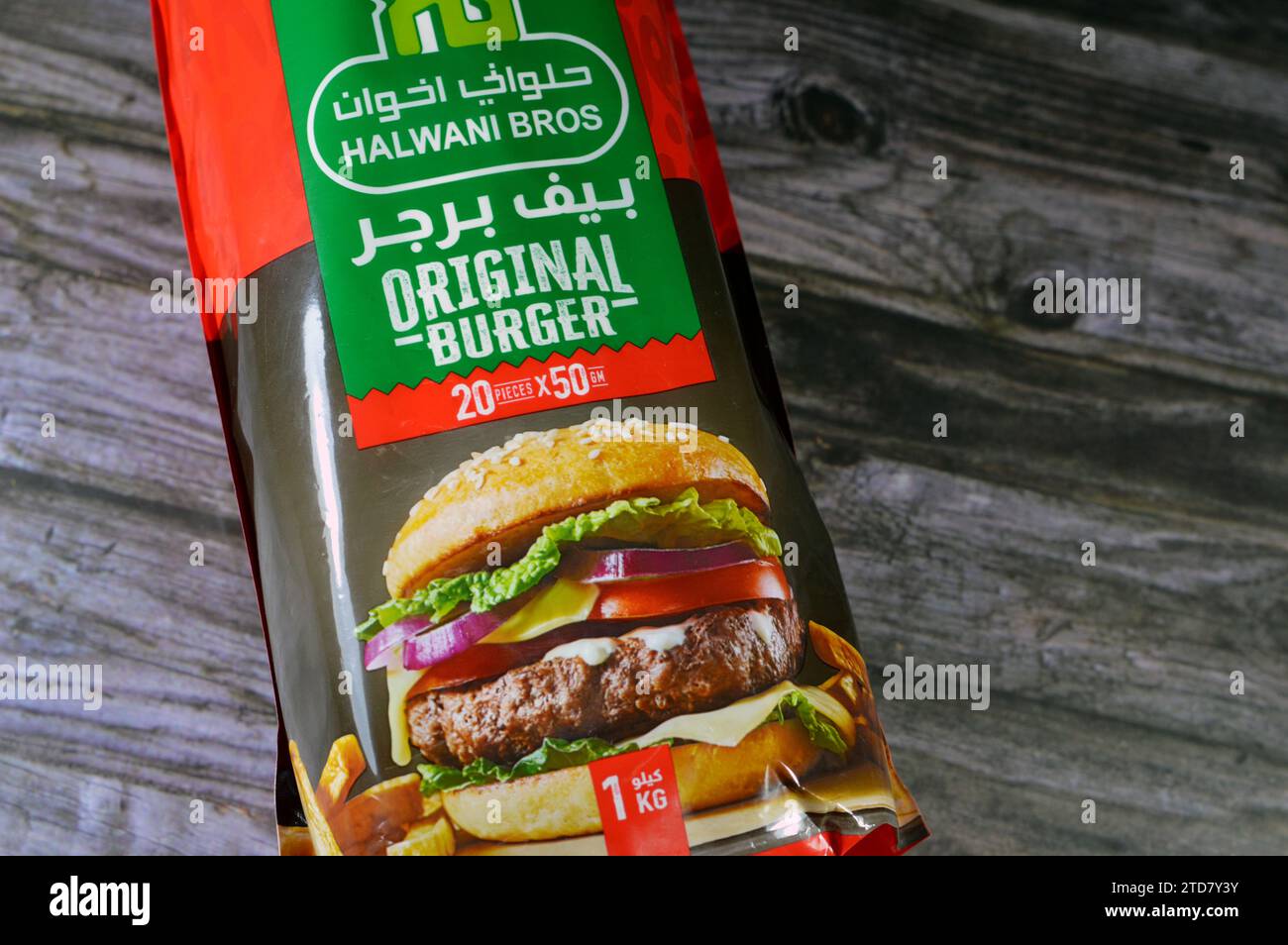 Cairo, Egypt, December 15 2023 Halwani Bros beef burger Haalwani