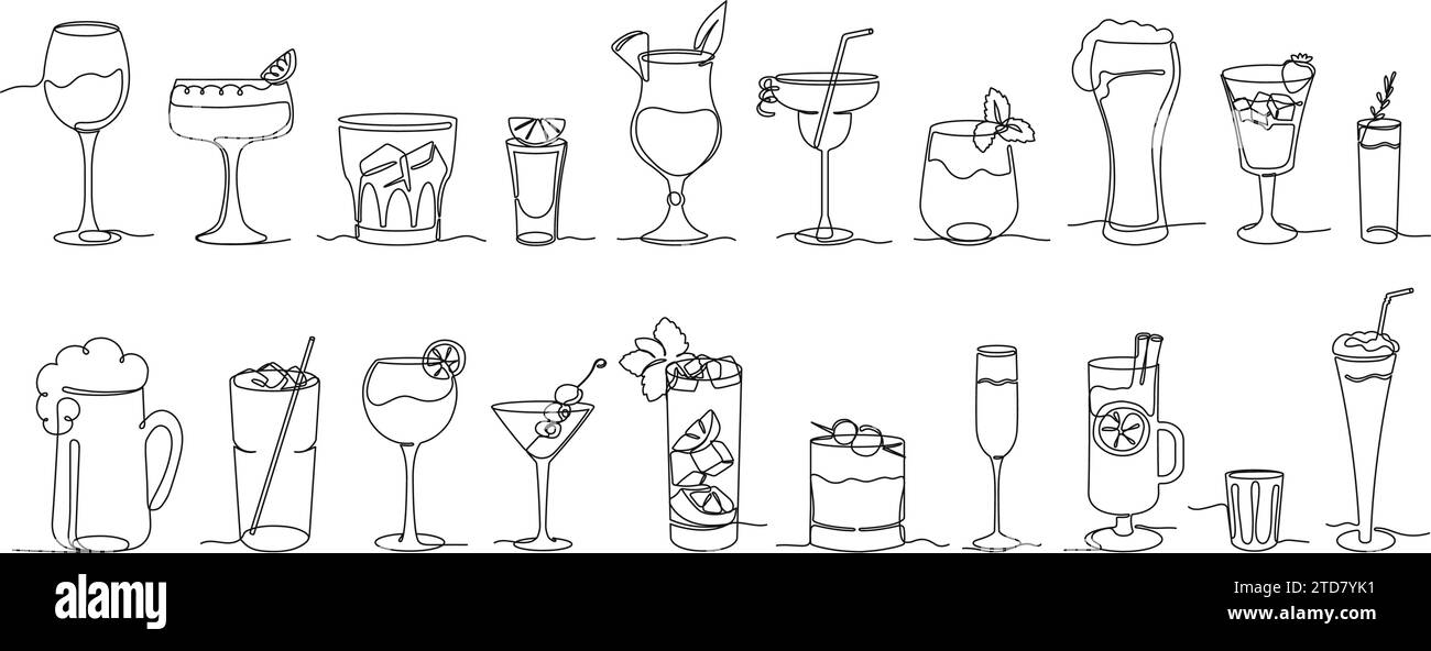 Continuous one line alcohol drinks. Alcoholic beverages glasses, from classic cocktails to craft beer, shots of strongest liquors and chill whiskey Stock Vector