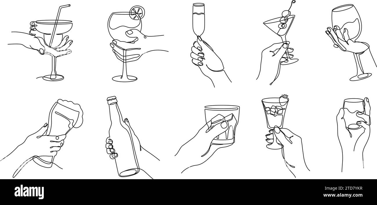 Continuous one line cheers hands. Linear hands raising various glasses with alcohol drinks in celebration. Toast of elegance isolated vector Stock Vector