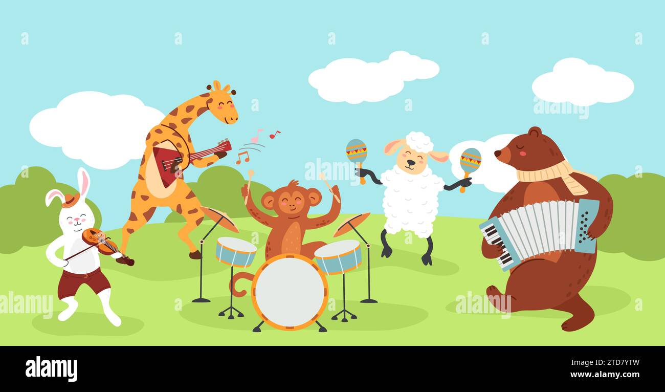 Cartoon forest animals concert. Cute zoo musicians play music with musical instruments, wild jazz band and wildlife characters musical performance Stock Vector