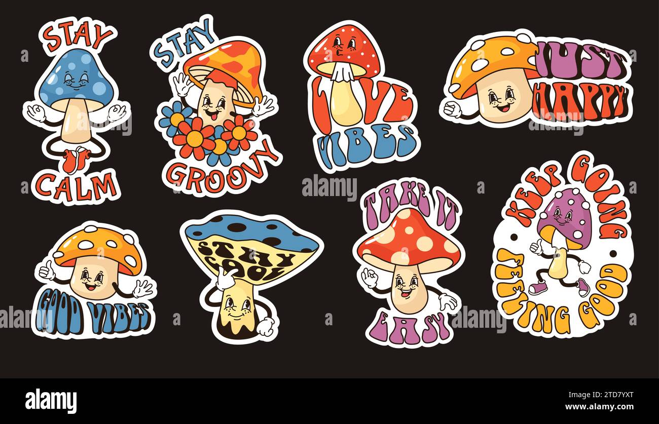 Cartoon mushrooms stickers. Groovy fungi, stay calm and good vibes print designs with funny mushroom characters vector set Stock Vector