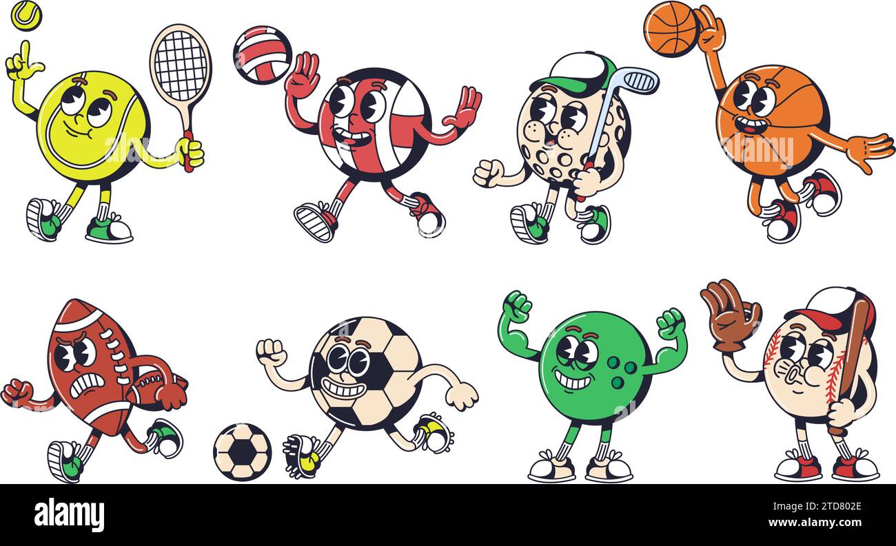 Cartoon sport ball mascot. Sports equipment characters for tennis, basketball, golf, volleyball, bowling, football and soccer design vector set Stock Vector