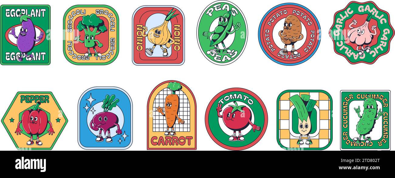 Cartoon vegetables stickers. Veggie emblems templates with retro 1930s mascot characters. Grocery labels vector set Stock Vector