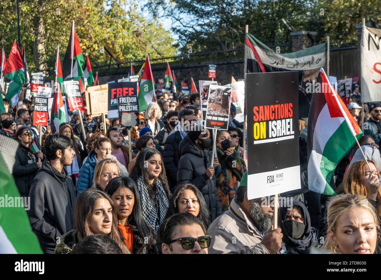 LONDON, ENGLAND - 11 November 2023: People taking part in a Free Palestine march during Armistice Day 2023 Stock Photo