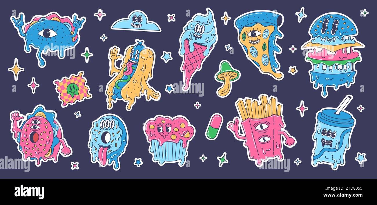 Trippy cartoon fast food stickers. Melted burger, crazy psychedelic junk food and acid street food trip vector illustration set Stock Vector