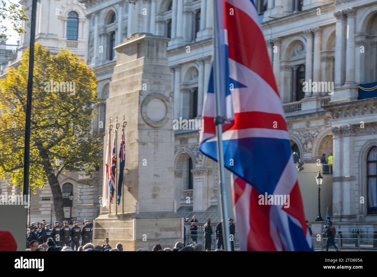 LONDON, ENGLAND - 11 November 2023: People gathered at Whitehall on Armistice Day 2023 Stock Photo