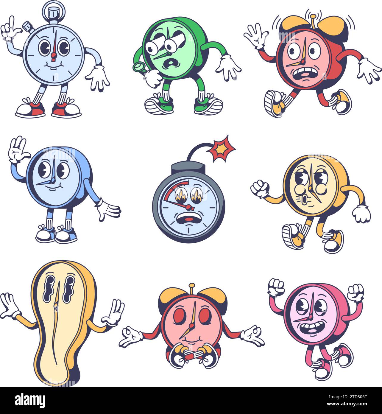 Cartoon time mascots. Stopwatch character, alarm clock going late, timer bomb, zen meditation