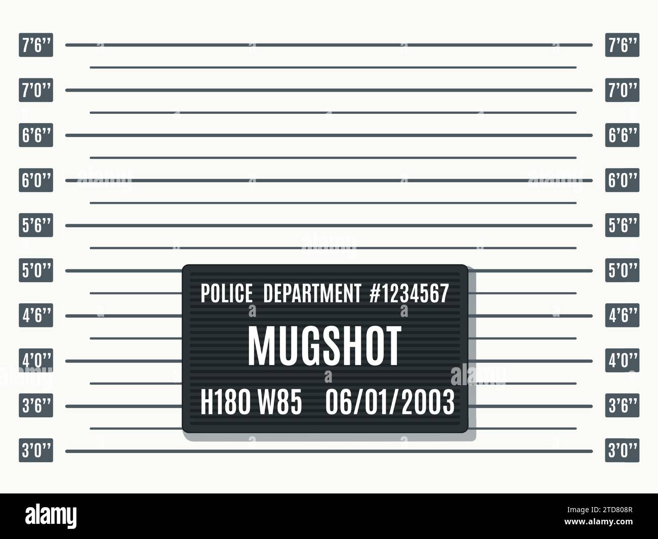 Mugshot photo template. Law enforcement, jail booking photography backdrop template with height measurement chart and black police department placard Stock Vector