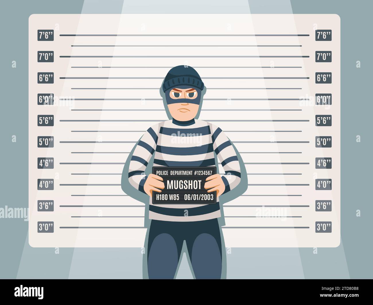 Criminal mugshot. Cartoon thief character in striped outfit, holding police department records sign with number on height chart background. Crime and Stock Vector