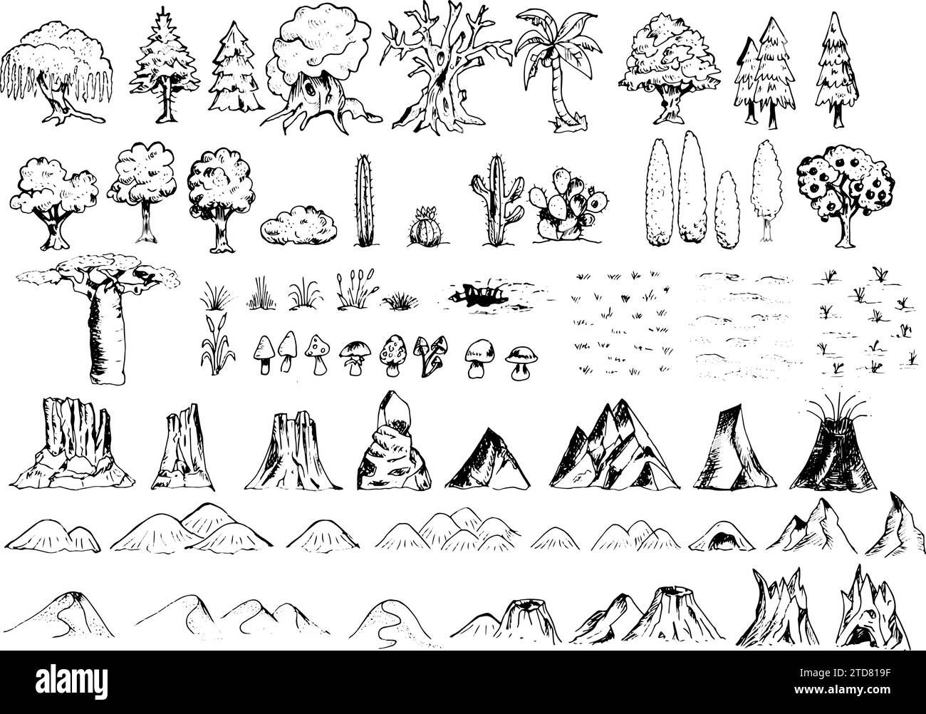 Fantasy map elements with hand drawn nature symbols like trees, mountains, hills, and fields Stock Vector