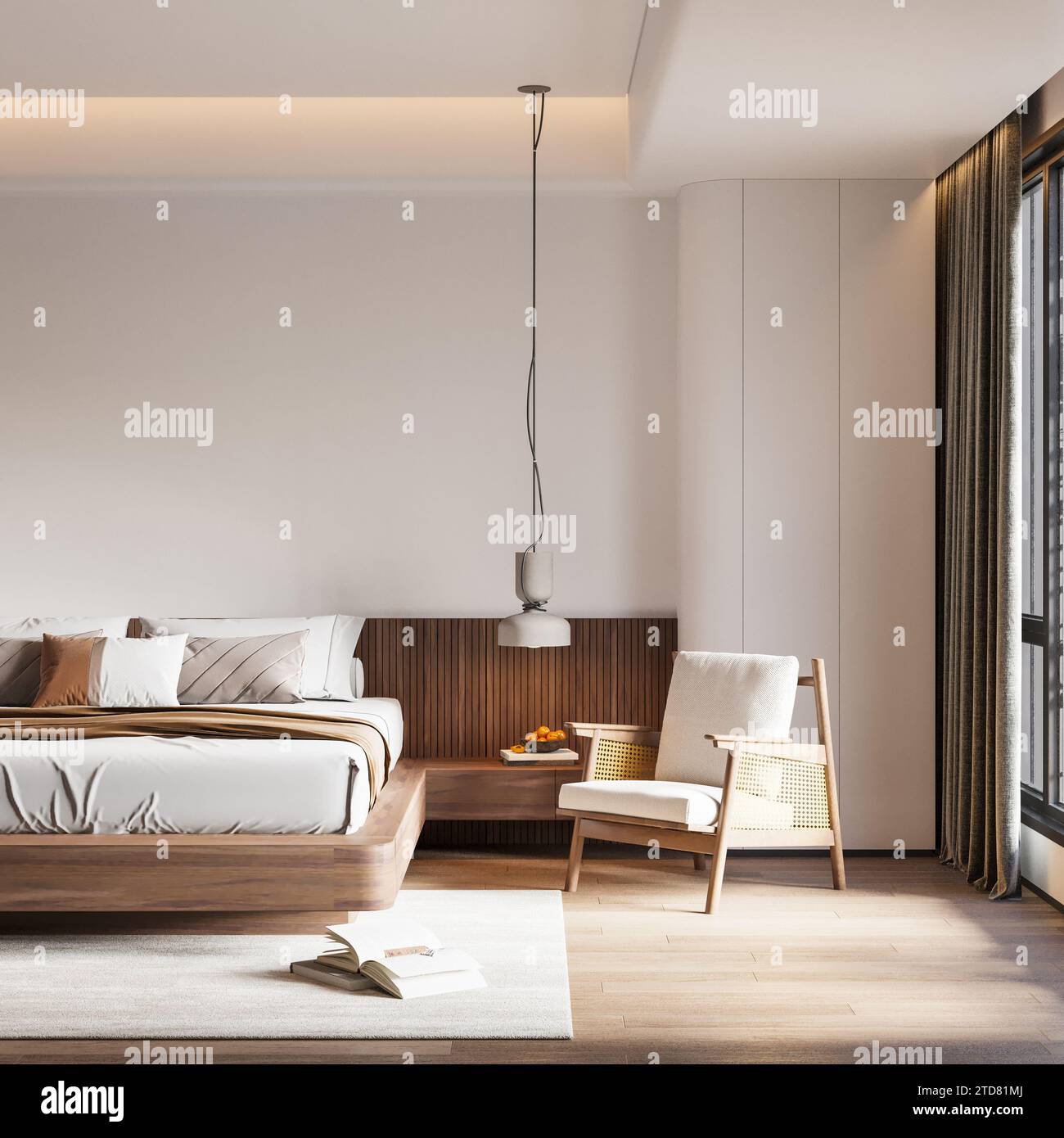 Wabi Sabi Interior Bedroom Wallpaper Mockup Stock Photo