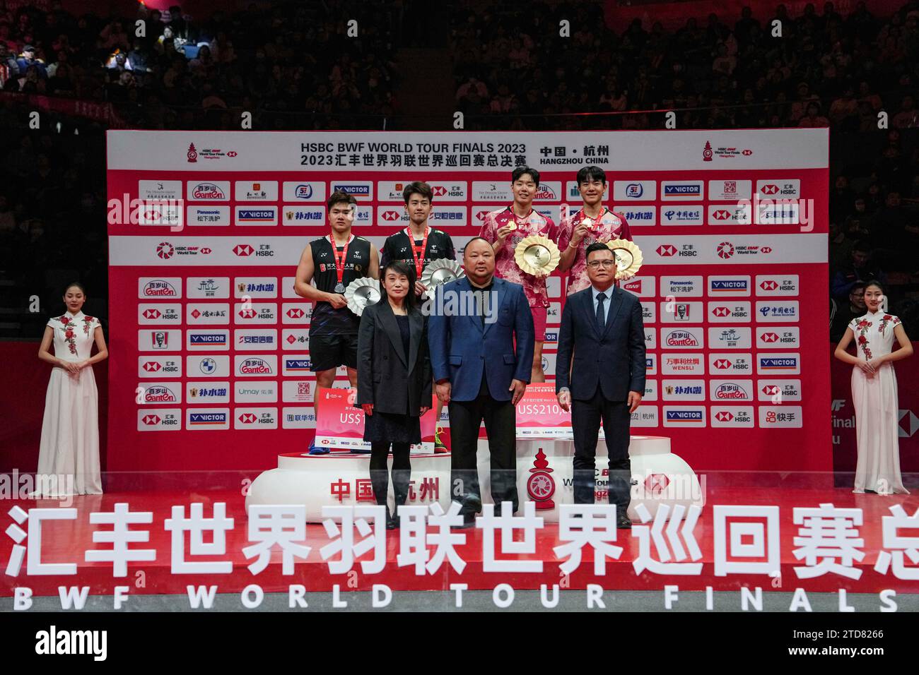 Hangzhou, China pose during the awarding ceremony for the men's doubles ...