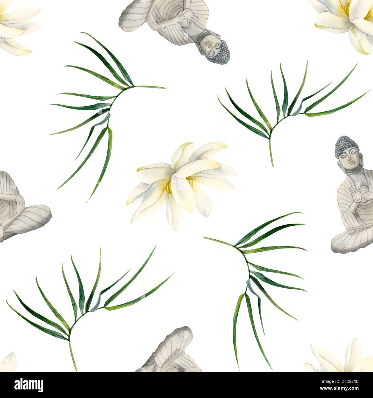 Buddha, lotus flowers with bamboo branches watercolor seamless pattern ...