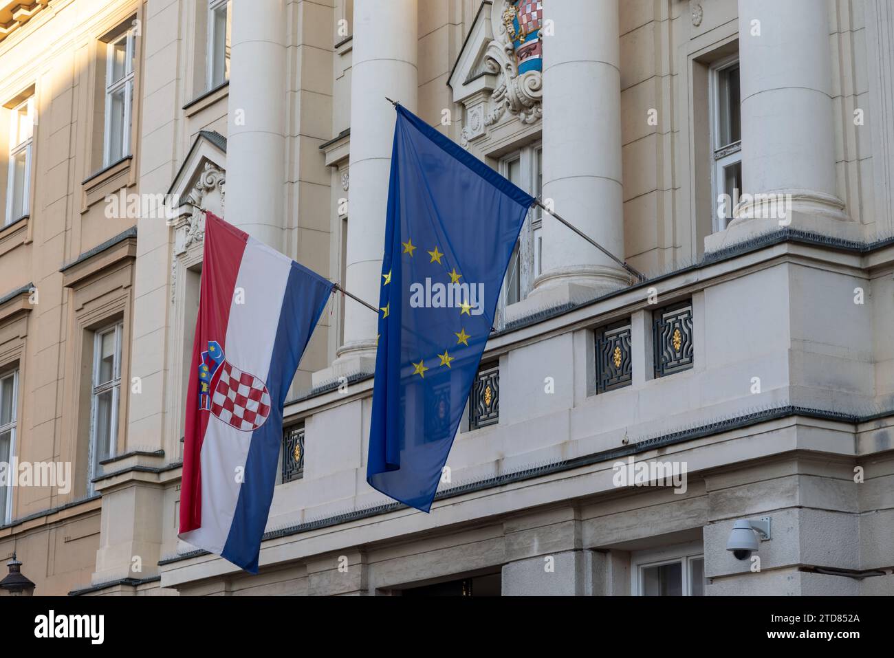 Croatian flag and European flag (flag of the European Union) on a building in Zagreb, Croatia Stock Photo