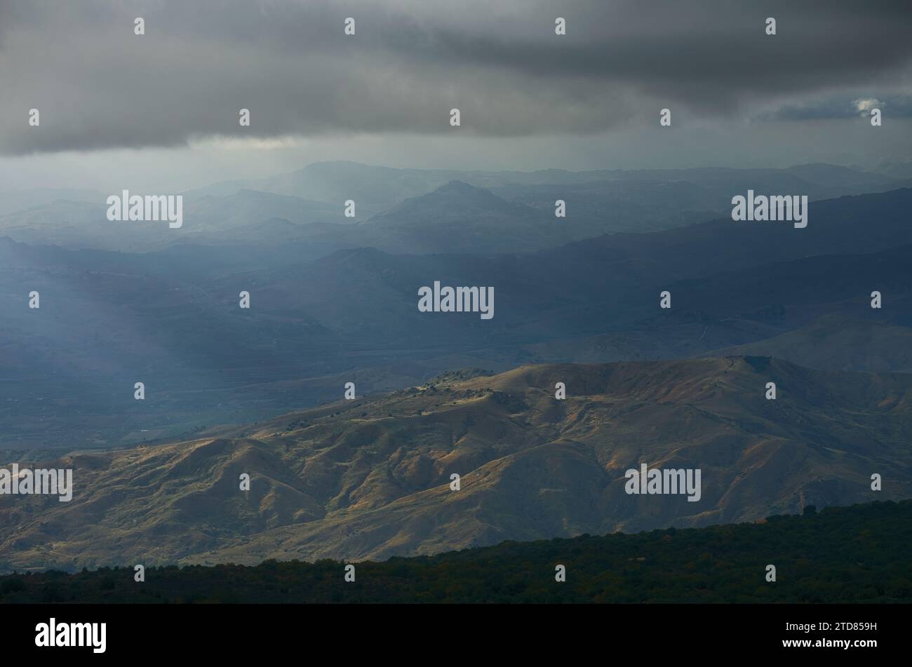 bad weather on inland landscape of Sicily, Mount Teja, Agira, Italy Stock Photo