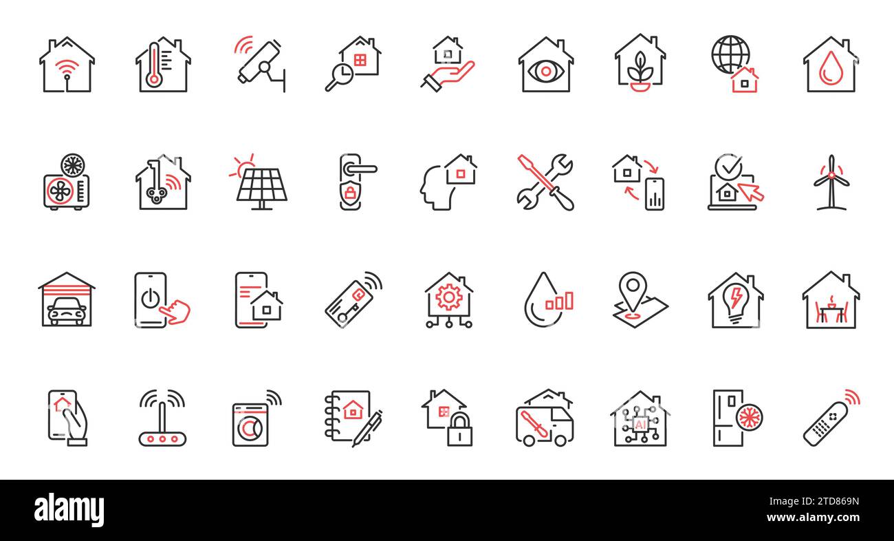 Vector illustration red black thin line icons set smart home devices, virtual reality technology, autonomous lighting automated software to control temperature house, air conditioner drone Stock Vector