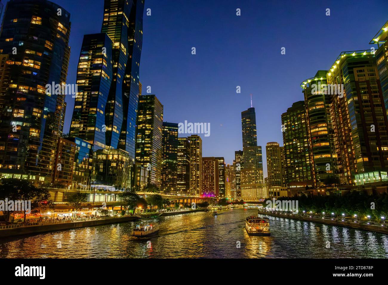 Chicago Downtown and River at Night Stock Photo - Alamy
