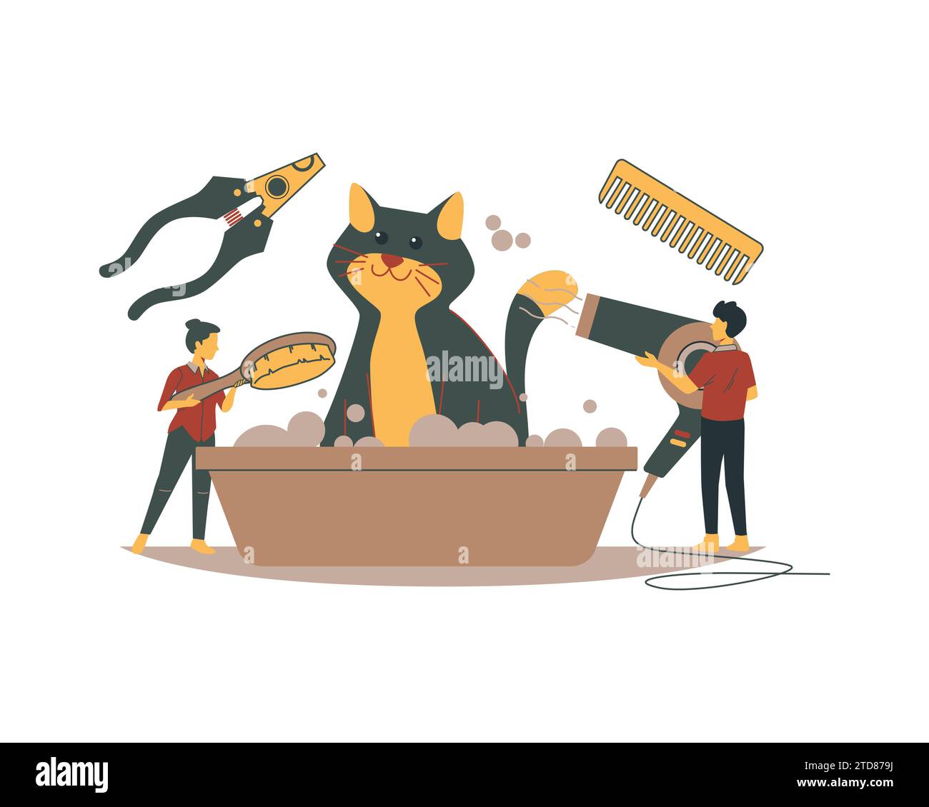 people washing a cat in a tub with a comb and hair dryer for animal and pet Pet adoption and fostering Stock Vector