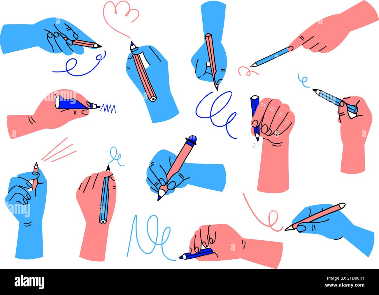 Writing hands. Colorful human hand hold pencil, pen and brush. Doodle