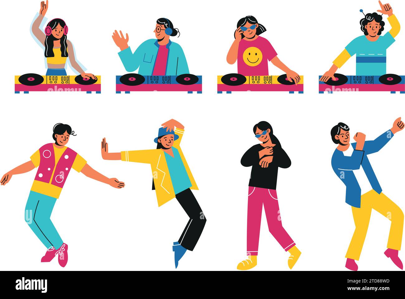 DJ party people. Electronic musicians and rave dancers. Happy men or women mixing tracks on turntables and dancing. Persons with disco equipment and h Stock Vector