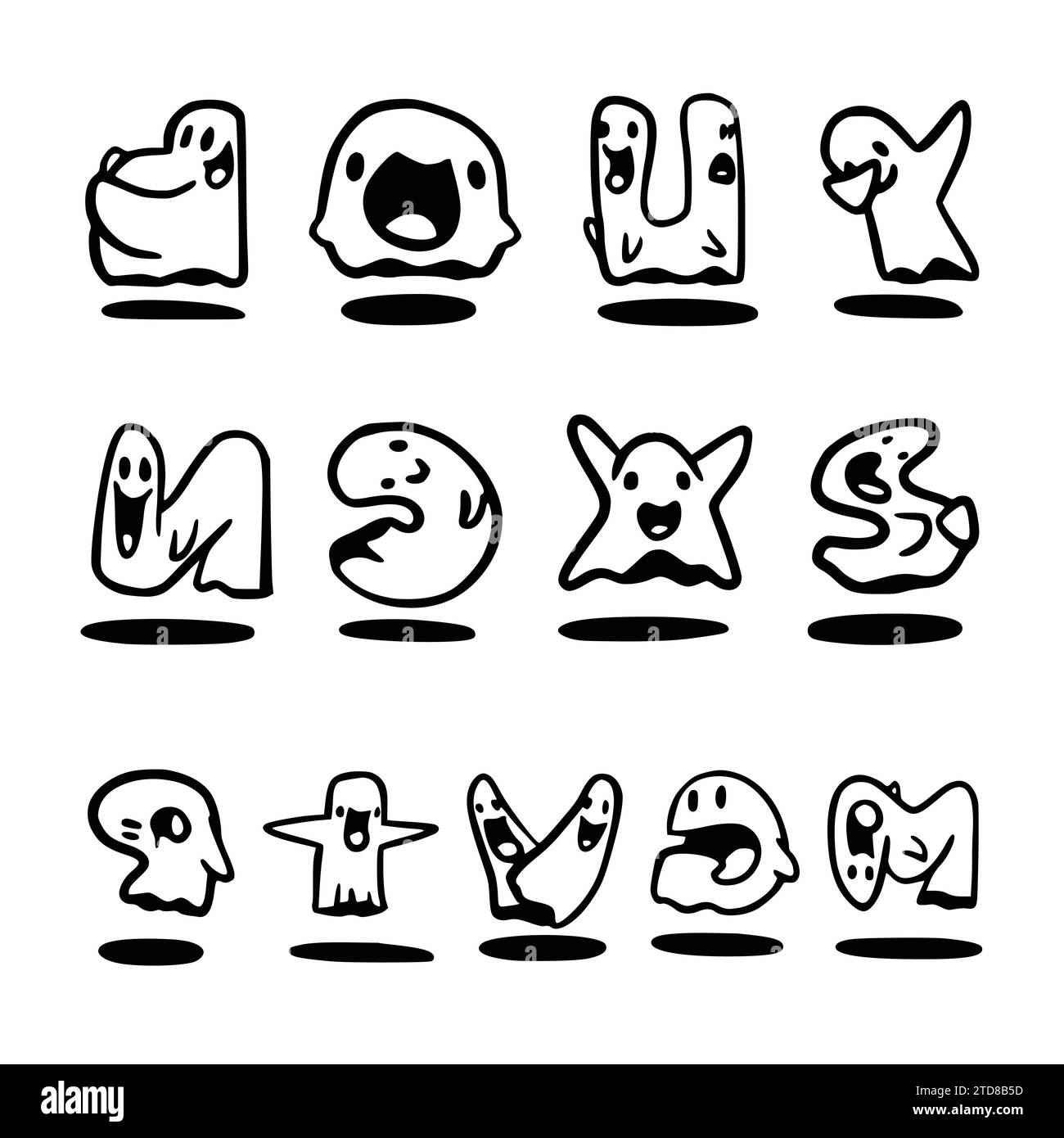 Different types of doodle spooky ghosts reactions. Stock Vector