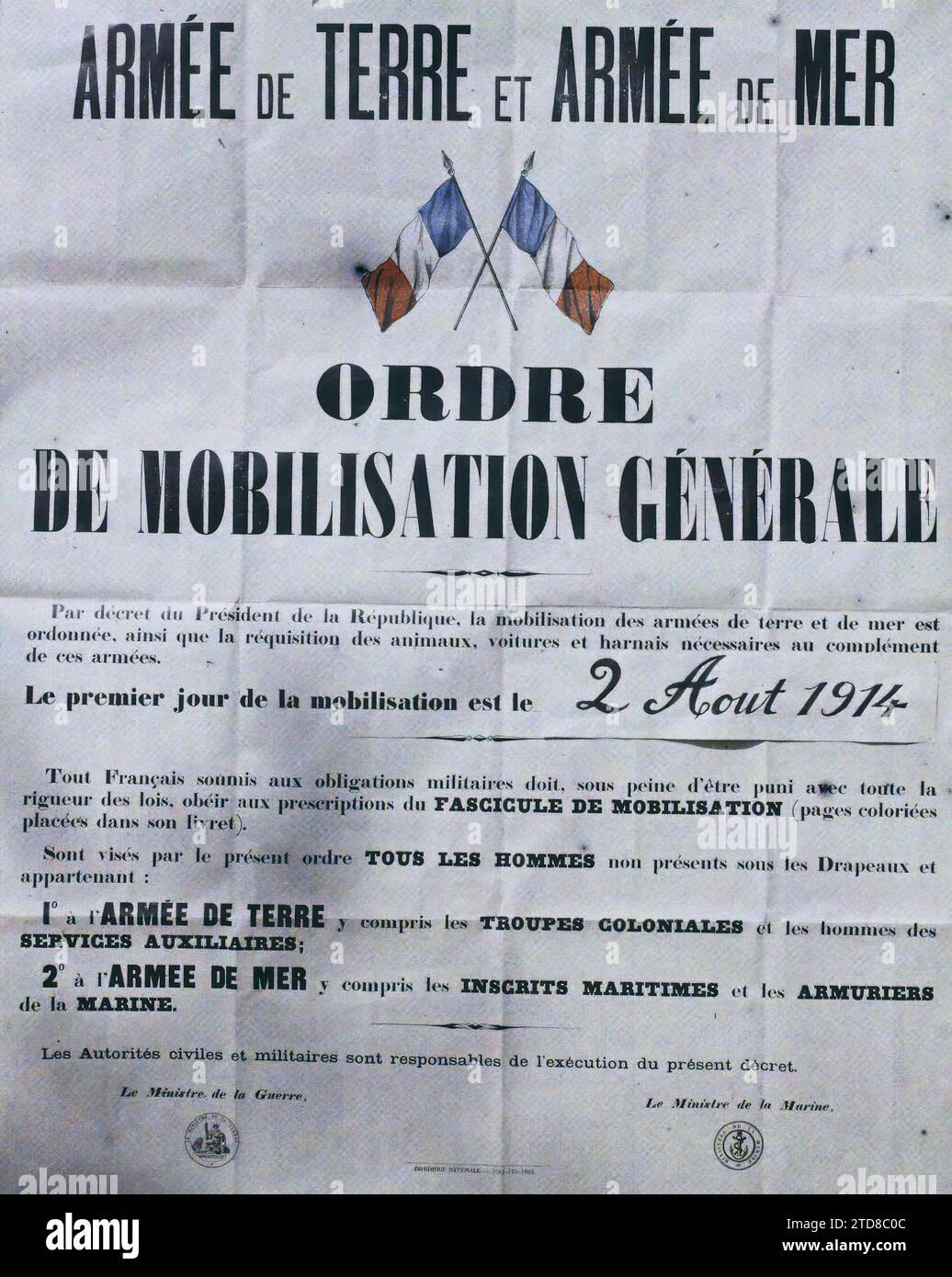 Paris, France Poster of the general mobilization of August 2, 1914, HD, Registration, information, First World War, Society, exists in high definition, Poster, Mobilization, demobilization, Flag, Army, Paris, 11/04/1918 - 11/04/1918, Léon, Auguste, photographer, Autochrome, photo, Glass, Autochrome, photo, Positive, Vertical, Size 9 x 12 cm Stock Photo