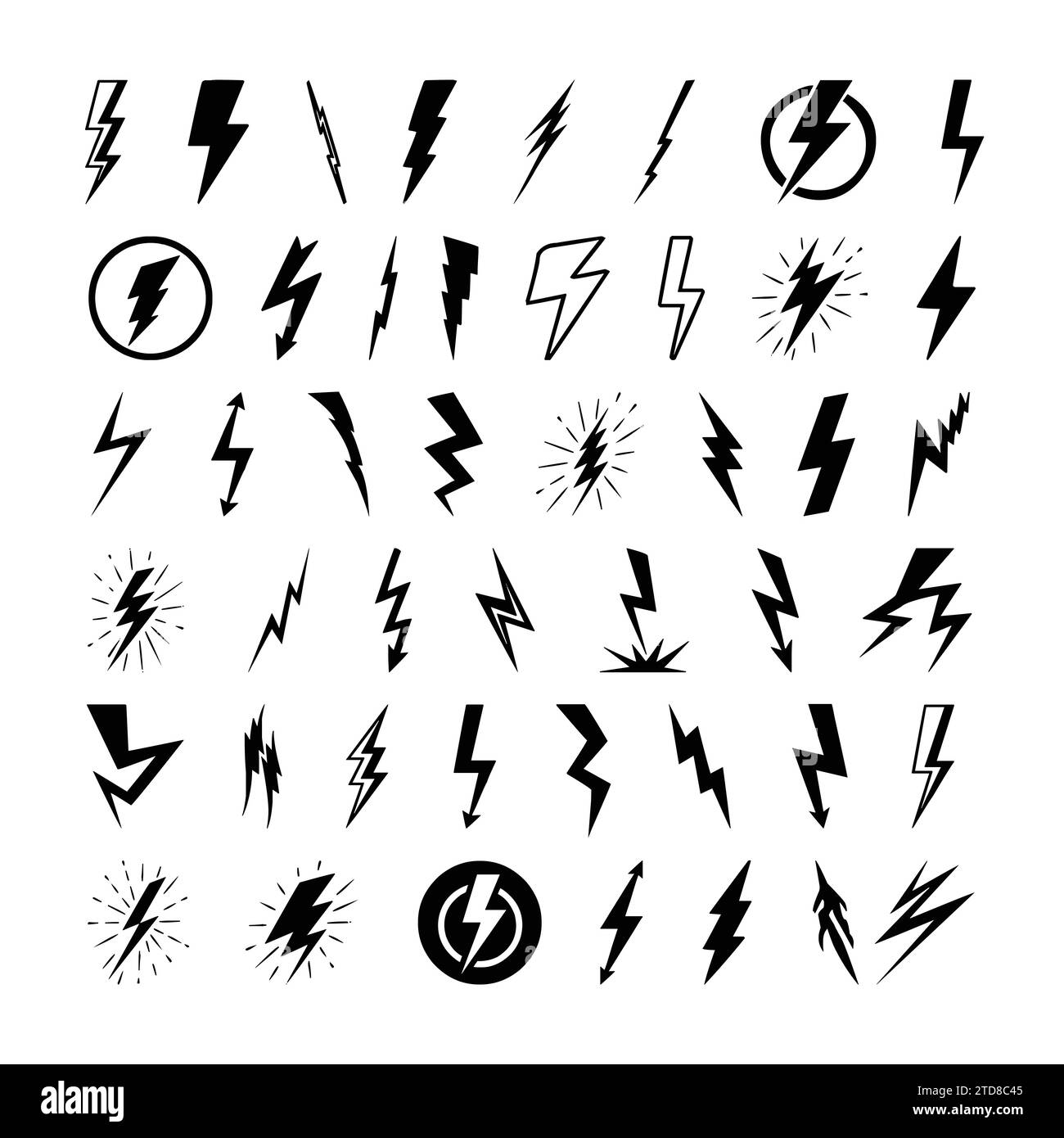Lightning Bolt Flash Icon Set. Energy Power Charge Sign. Thunder strike Electricity Symbol. Powerful Electrical Discharge Hitting From Side To Side. Stock Vector