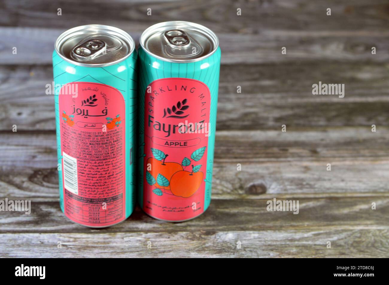 Cairo, Egypt, December 13 2023 Fayrouz Apple malt drink can, natural