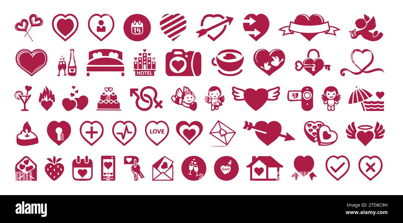Big collection of Valentine's Day icons set. Red and white symbols. Vector illustration. Stock Vector