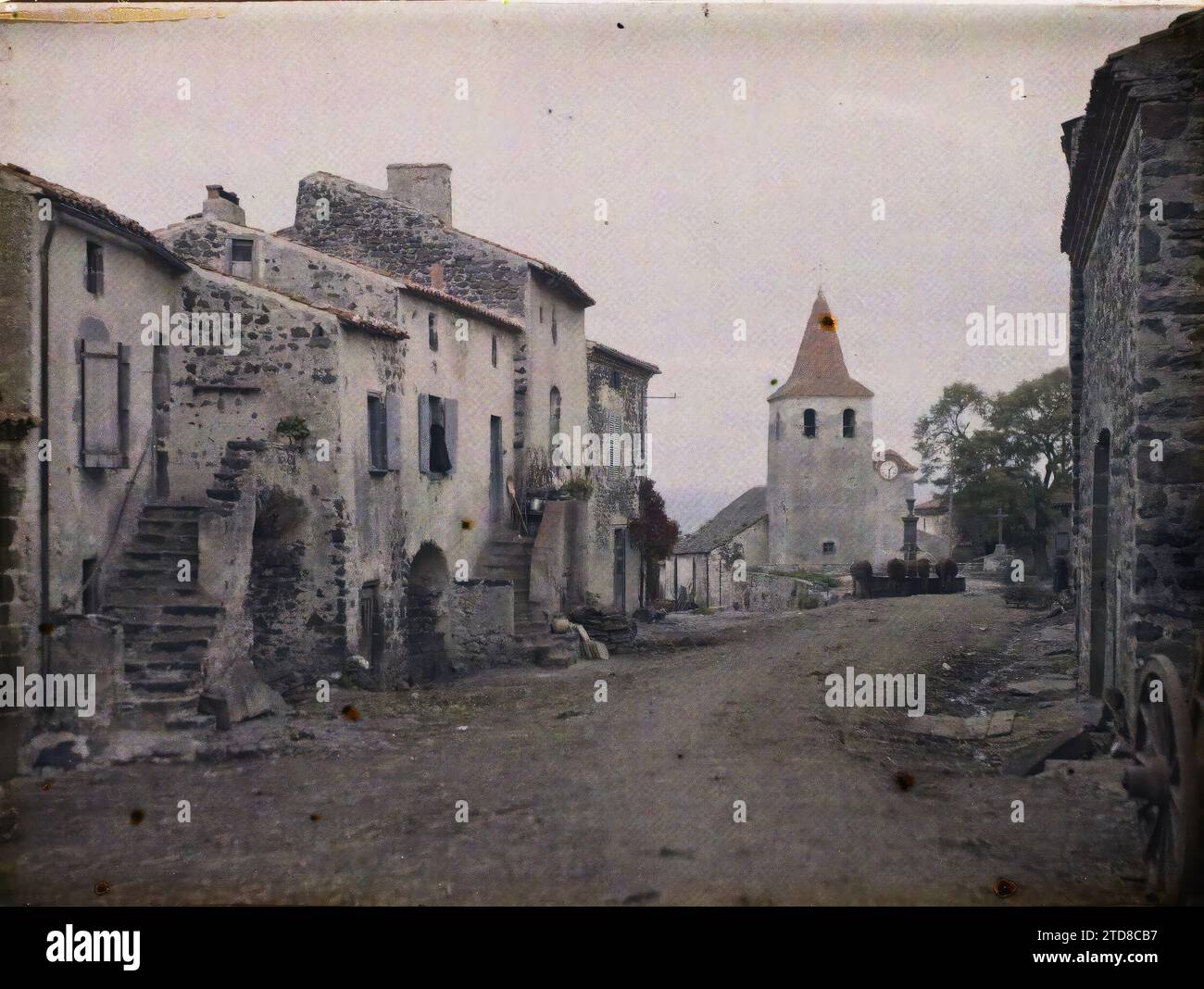 Vodable, France, Habitat, Architecture, Church, Stairs, Bell Tower, Rural architecture, Dwelling, Street, District, Religious architecture, France, Vodable, The main street, Vodable, 08/10/1916 - 08/10/1916, Passet, Stéphane, photographer, 1916-1917 - Auvergne - Stéphane Passet - (September 1916 - February 1917), Autochrome, photo, Glass, Autochrome, photo, Positive Stock Photo