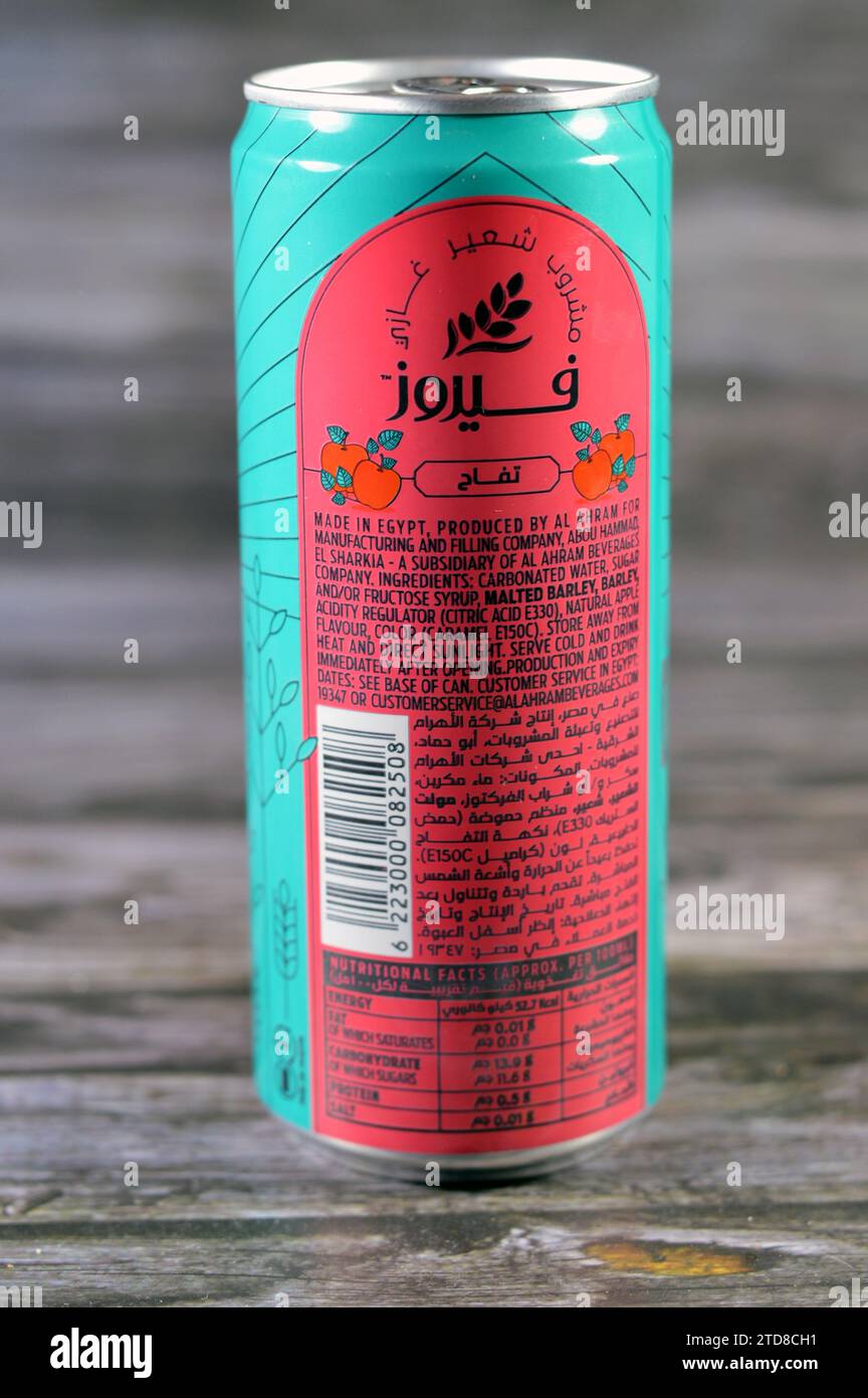 Cairo, Egypt, December 13 2023 Fayrouz Apple malt drink can, natural