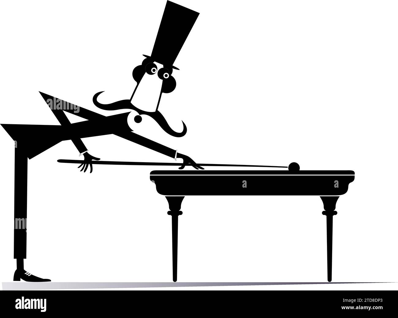 Man in the top hat playing snooker or pool at club. Cute long mustache