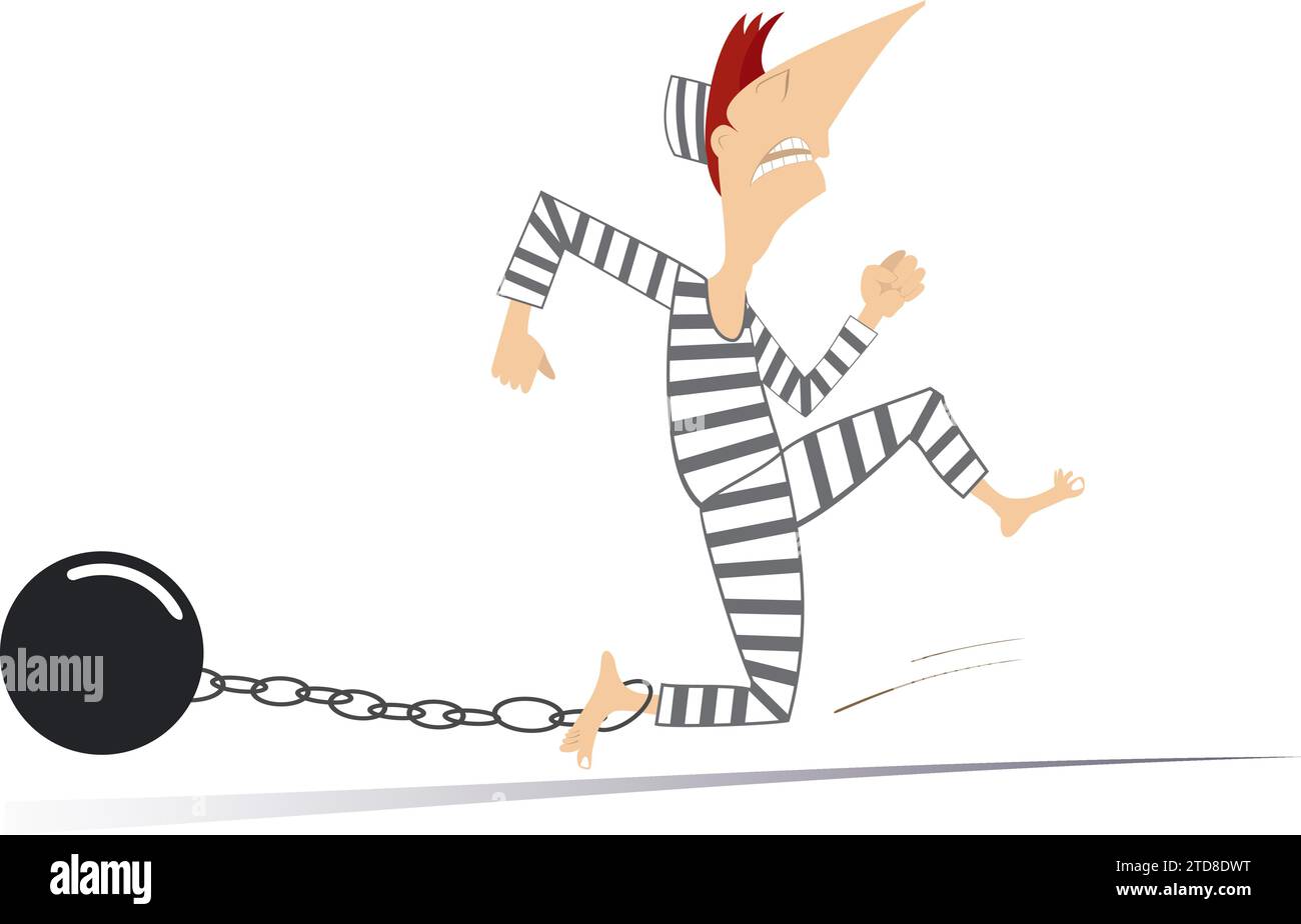 Running prisoner with an iron ball chained to his foot. Jailbreak Cartoon prisoner runs with an iron ball on his foot. Isolated on white background Stock Vector