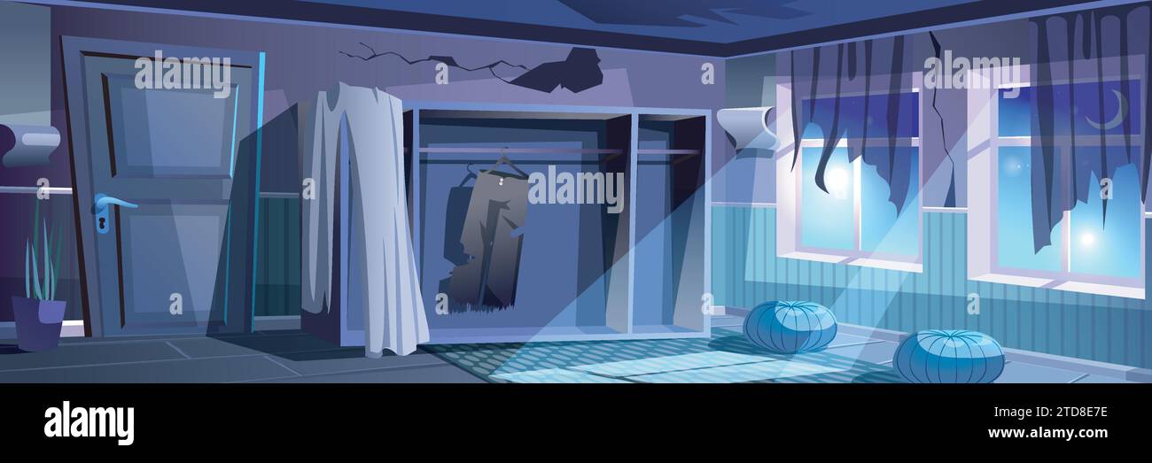 Abandoned dark room background banner in flat cartoon design. Night