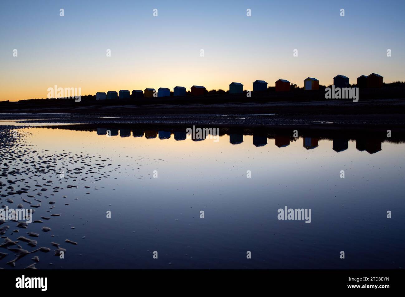 Findhorn Beach huts at dawn. Findhorn, Morayshire, Scotland. Silhouette Stock Photo
