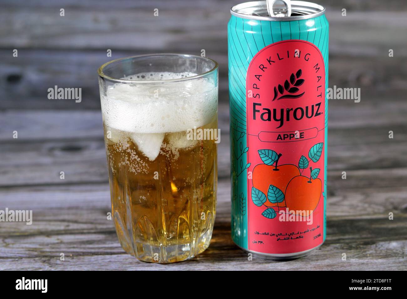 Cairo, Egypt, December 13 2023: Fayrouz Apple malt drink can, natural and refreshing flavored malt beverage that brings you a fresh taste at the highe Stock Photo
