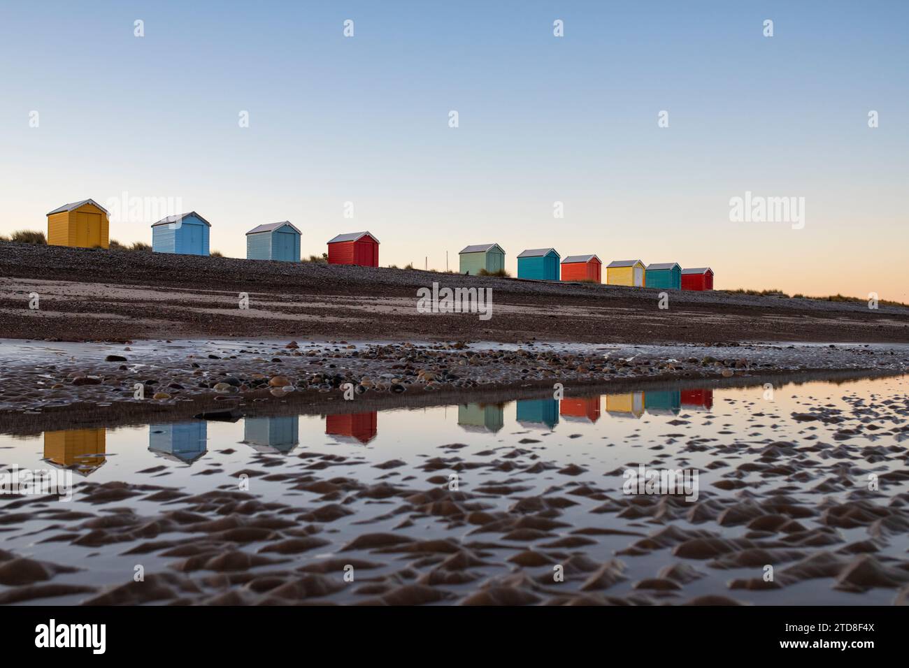 Findhorn Beach huts at dawn. Findhorn, Morayshire, Scotland. Stock Photo