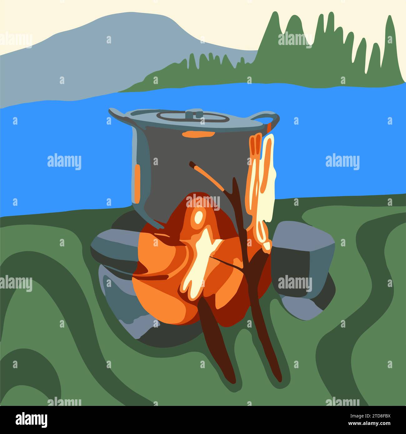 Cooking food on a campfire while camping. Stock Vector