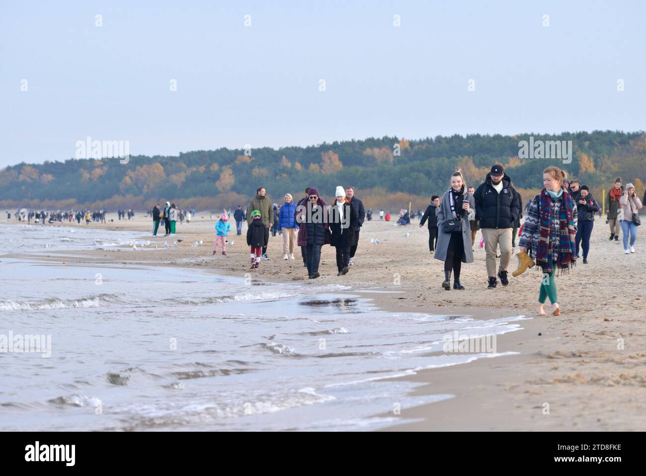 People on a day out walking along the Gdansk beach in cold weather by the Baltic Sea coast in Gdansk, Poland, Europe, EU Stock Photo