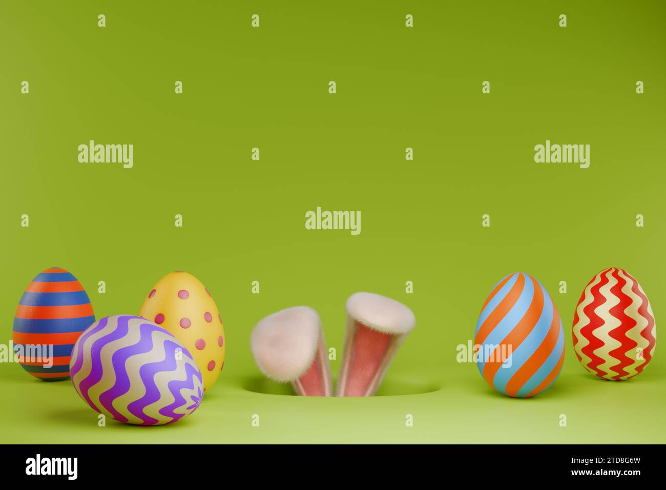 Happy easter. Rabbit Hunts for painted eggs. 3D rendering Stock Photo