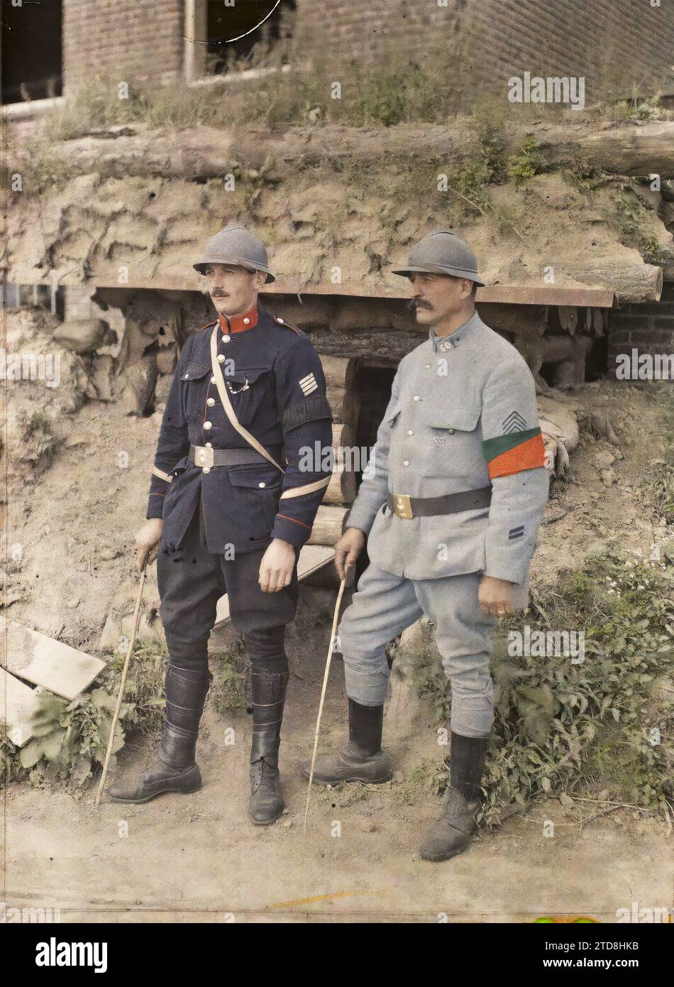 Woesten, Belgium, First World War, Clothing, Human Beings, Rear Front, Military Uniform, Portrait, Police Officer, Gendarme, Man, Belgium, Woesten, Belgian Gendarme and aide French Gendarme, Woesten, France [in connection with], 25/08/1917 - 25/08/1917, Castelnau, Paul, 1917 - Nord de la France, Belgique - Paul Castelnau (Photographic section of the army) - (1-5 September), Autochrome, photo, Glass, Autochrome, photo, Positive Stock Photo