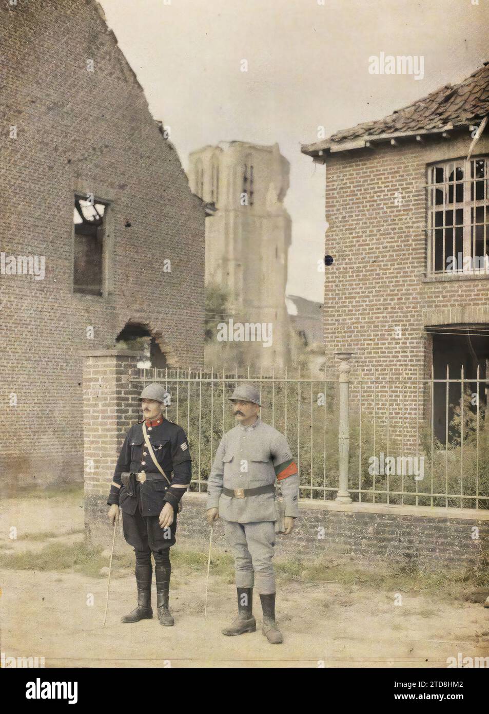 Woesten, Belgium, First World War, Clothing, Human Beings, Rear Front, Military Uniform, Bell Tower, Portrait, Police Officer, Gendarme, Man, Belgium, Woesten, Belgian Gendarme and aide French Gendarme, Woesten, France [in connection with], 25/08/1917 - 25/08/1917, Castelnau, Paul, 1917 - Nord de la France, Belgique - Paul Castelnau (Photographic section of the army) - (1-5 September), Autochrome, photo, Glass, Autochrome, photo, Positive Stock Photo