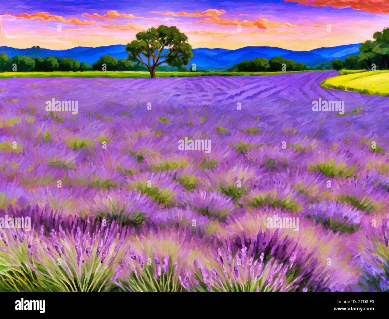 Lavender fields in spring (painting) Neo-Impressionism. Stock Photo