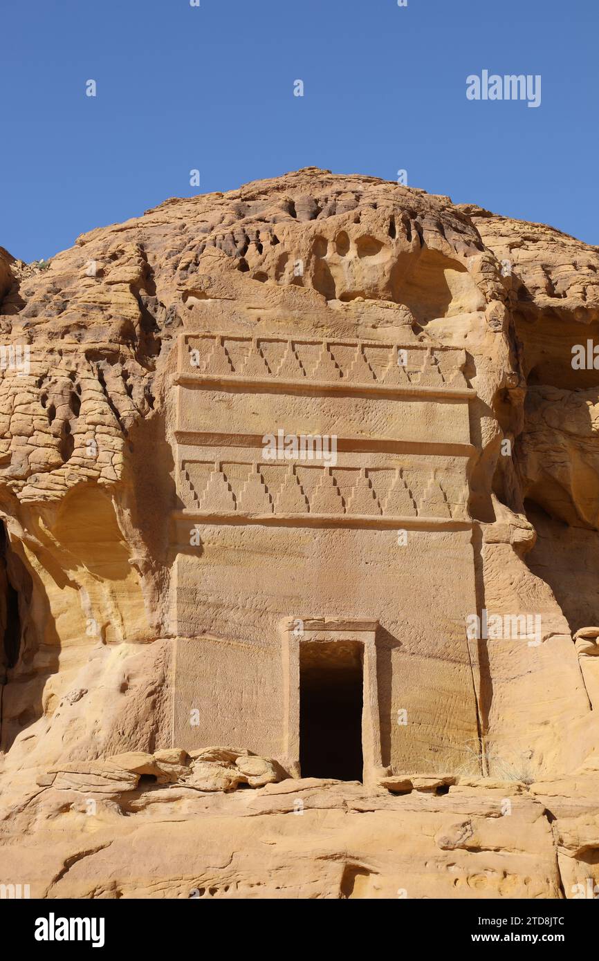 Rock cut Nabatean tomb at AlUla in Saudi Arabia Stock Photo