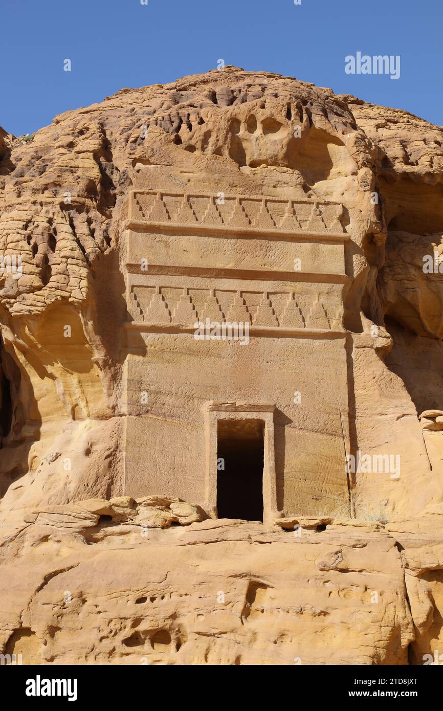 Rock cut Nabatean tomb at AlUla in Saudi Arabia Stock Photo