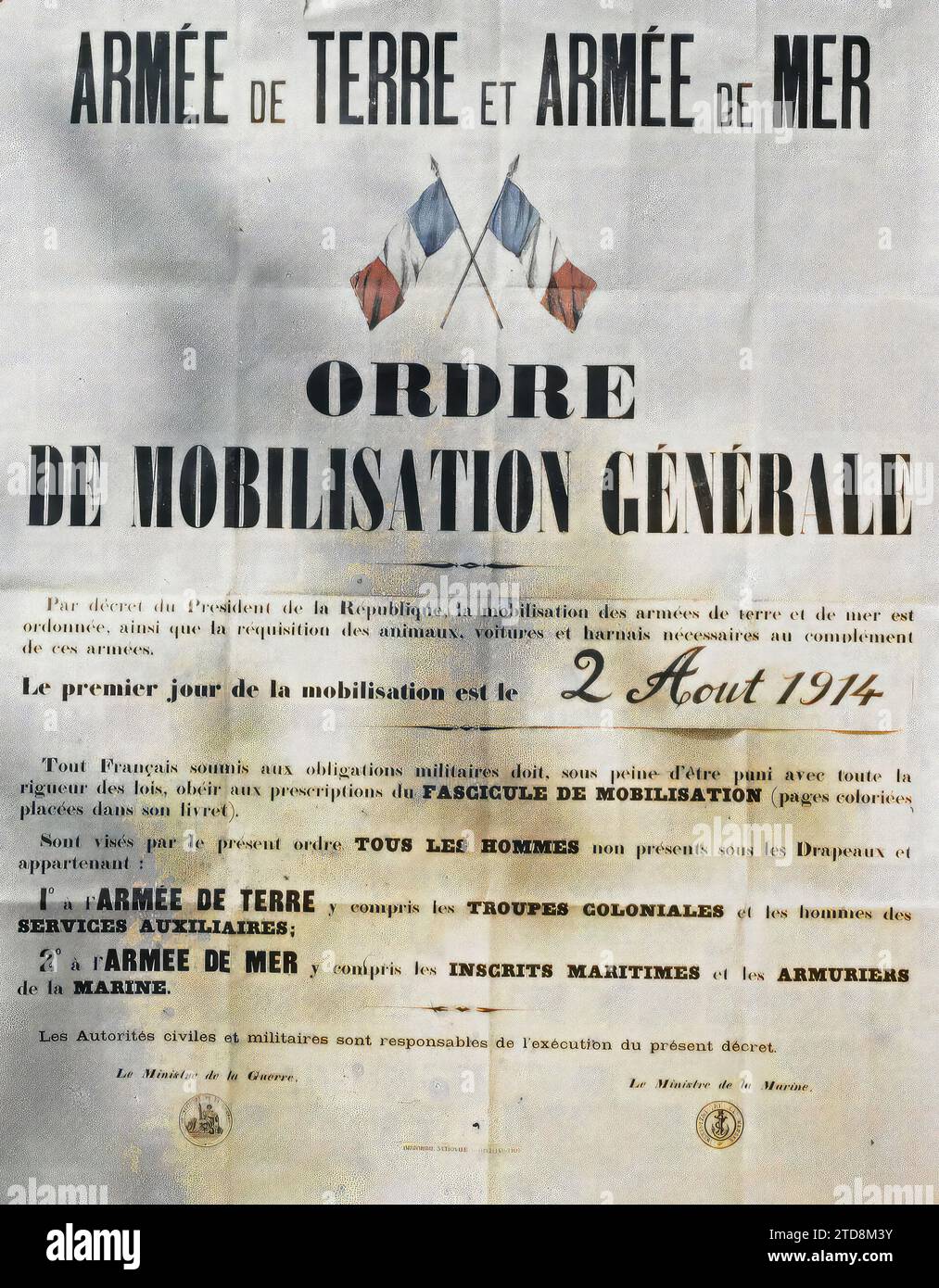 Paris, France Poster of the general mobilization of August 2, 1914, HD, Registration, information, First World War, Society, exists in high definition, Poster, Mobilization, demobilization, Flag, Army, France, Mobilization poster (21 copies), Paris, 11/04/1918 - 11/04/1918, Léon, Auguste, photographer, Autochrome, photo, Glass, Autochrome, photo, Positive, Vertical, Size 9 x 12 cm Stock Photo